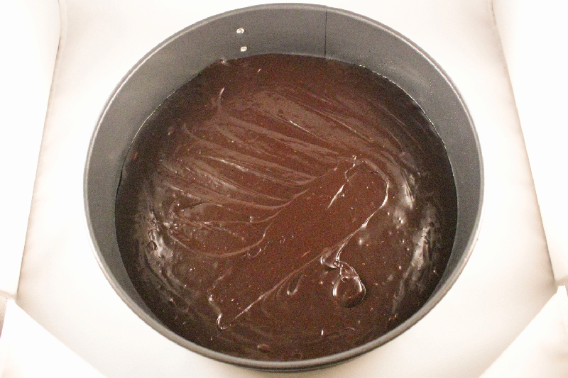 Springform pan filled with flourless dark chocolate cake batter
