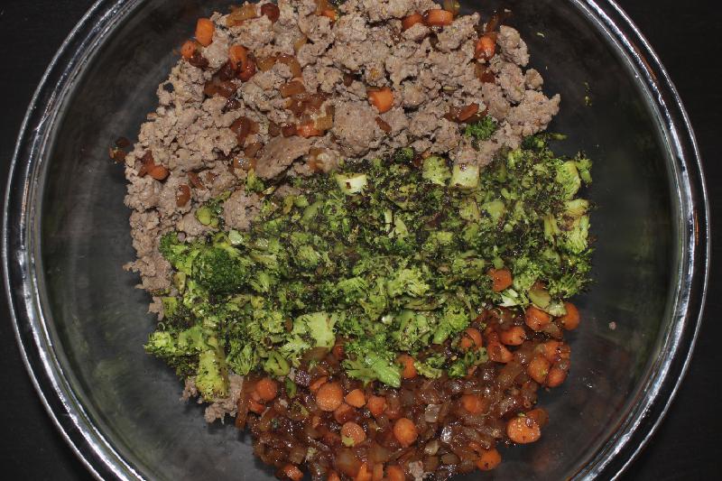 Cooked sausage, broccoli, carrots, and onions for No-Recipe Quiche with Potato Crust