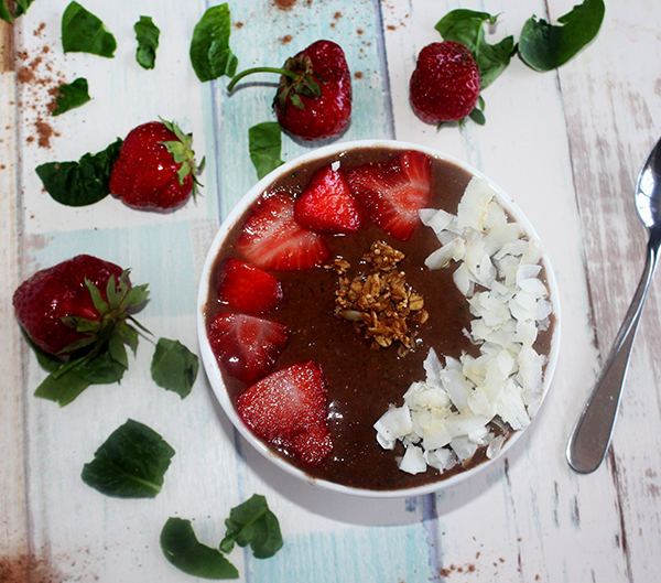 chocolate strawberry smoothie bowl overhead view