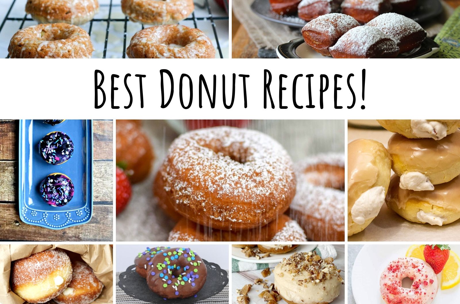 gallery of 9 pictures of different donuts. across it is a banner that says Best Donut Recipes!